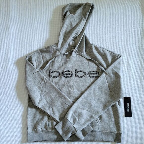 bebe Tops - bebe Sport⛹️ Heather Gray Rhinestud Logo Hoodie - NWT